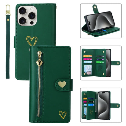 For iPhone 15 Pro Max POLA Love Multi-Card Slots Zipper Wallet Leather Phone Case(Dark Green) - iPhone 15 Pro Max Cases by POLA | Online Shopping UK | buy2fix
