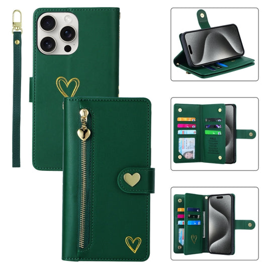 For iPhone 15 Pro Max POLA Love Multi-Card Slots Zipper Wallet Leather Phone Case(Dark Green) - iPhone 15 Pro Max Cases by POLA | Online Shopping UK | buy2fix