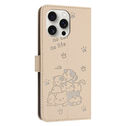 For iPhone 16 Pro Max Embossed Kitten Phone Leather Case with Lanyard(Beige) by buy2fix