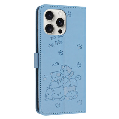 For iPhone 16 Pro Max Embossed Kitten Phone Leather Case with Lanyard(Blue) by buy2fix