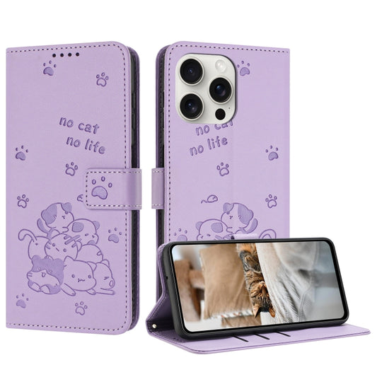 For iPhone 16 Pro Embossed Kitten Phone Leather Case with Lanyard(Purple) by buy2fix