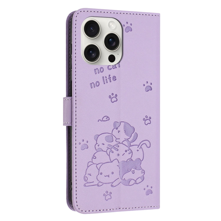 For iPhone 16 Pro Embossed Kitten Phone Leather Case with Lanyard(Purple) by buy2fix