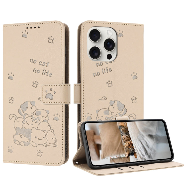 For iPhone 16 Pro Embossed Kitten Phone Leather Case with Lanyard(Beige) by buy2fix