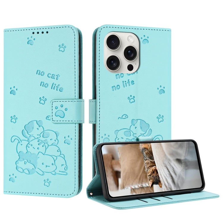 For iPhone 16 Pro Embossed Kitten Phone Leather Case with Lanyard(Mint Green) by buy2fix