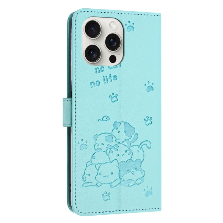 For iPhone 16 Pro Embossed Kitten Phone Leather Case with Lanyard(Mint Green) by buy2fix