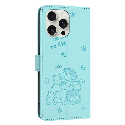 For iPhone 16 Pro Embossed Kitten Phone Leather Case with Lanyard(Mint Green) by buy2fix