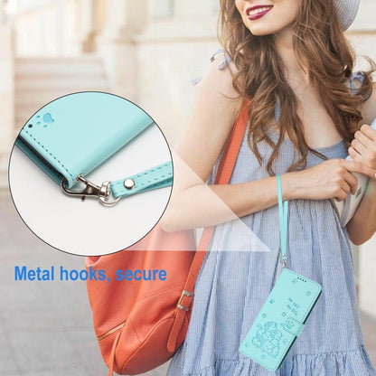 For iPhone 16 Pro Embossed Kitten Phone Leather Case with Lanyard(Mint Green) by buy2fix