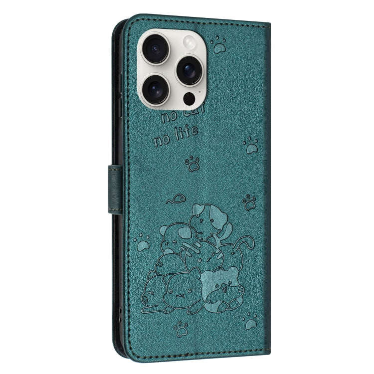For iPhone 16 Pro Embossed Kitten Phone Leather Case with Lanyard(Dark Green) by buy2fix