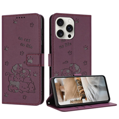 For iPhone 16 Pro Embossed Kitten Phone Leather Case with Lanyard(Wine Red) by buy2fix