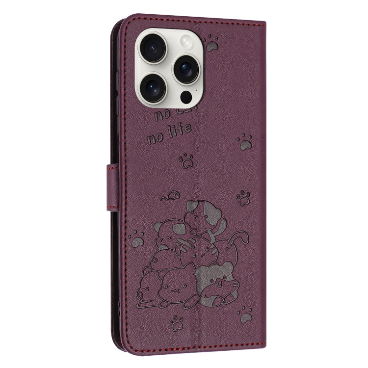 For iPhone 16 Pro Embossed Kitten Phone Leather Case with Lanyard(Wine Red) by buy2fix