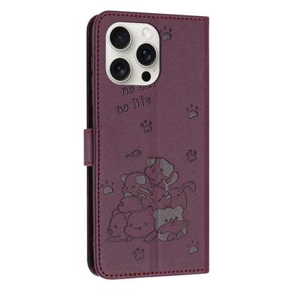 For iPhone 16 Pro Embossed Kitten Phone Leather Case with Lanyard(Wine Red) by buy2fix