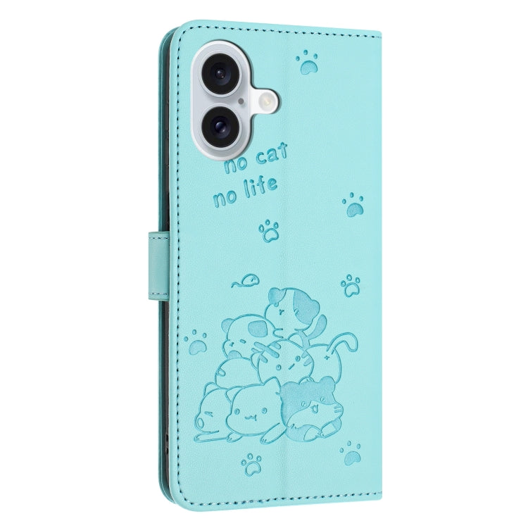For iPhone 16 Plus Embossed Kitten Phone Leather Case with Lanyard(Mint Green) - iPhone 16 Plus Cases by buy2fix | Online Shopping UK | buy2fix