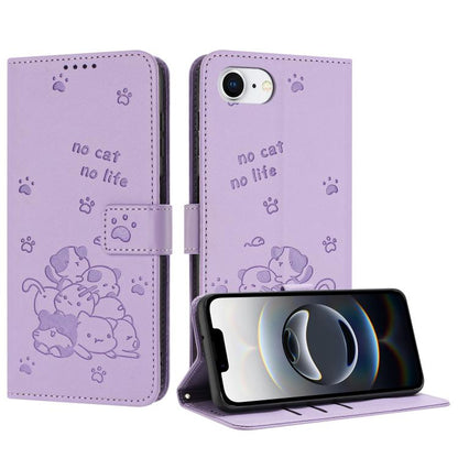 For iPhone 16e Embossed Kitten Phone Leather Case with Lanyard(Purple) - iPhone 16e Cases by buy2fix | Online Shopping UK | buy2fix
