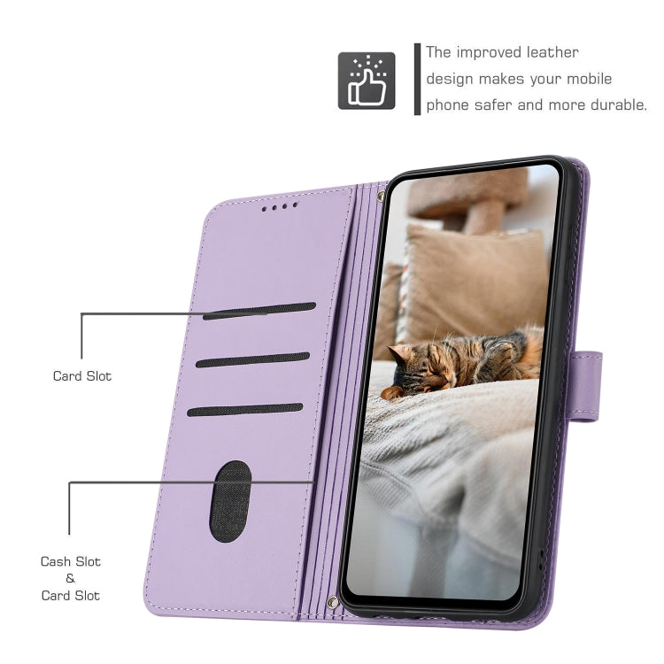 For iPhone 16e Embossed Kitten Phone Leather Case with Lanyard(Purple) - iPhone 16e Cases by buy2fix | Online Shopping UK | buy2fix