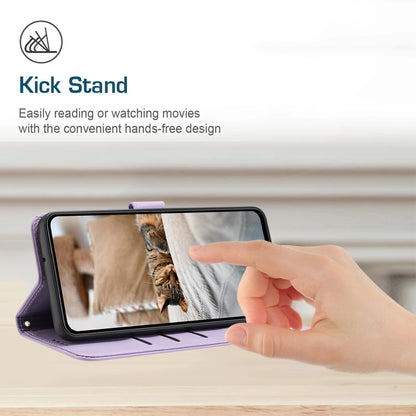 For iPhone 16e Embossed Kitten Phone Leather Case with Lanyard(Purple) - iPhone 16e Cases by buy2fix | Online Shopping UK | buy2fix