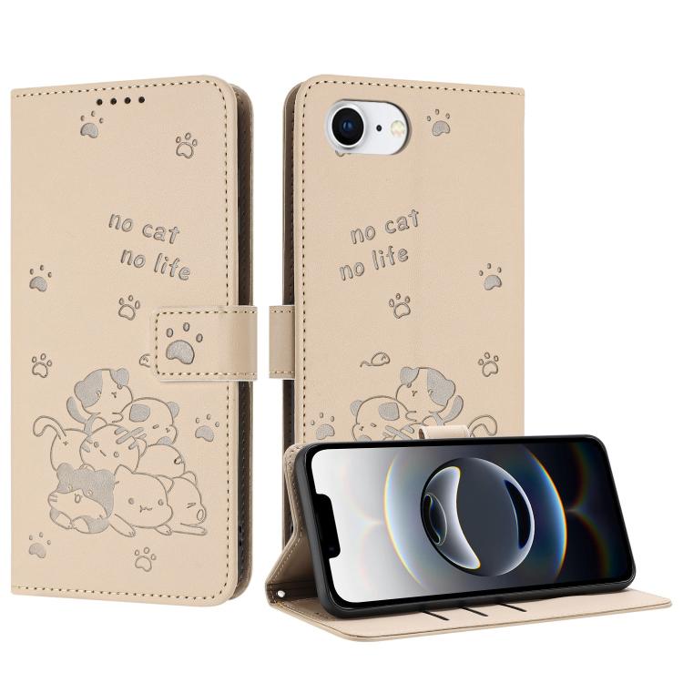 For iPhone 16e Embossed Kitten Phone Leather Case with Lanyard(Beige) - iPhone 16e Cases by buy2fix | Online Shopping UK | buy2fix