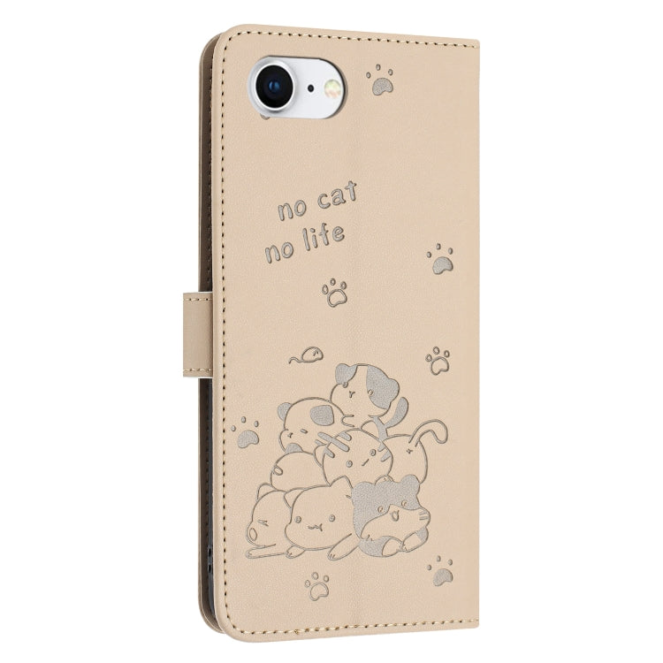 For iPhone 16e Embossed Kitten Phone Leather Case with Lanyard(Beige) - iPhone 16e Cases by buy2fix | Online Shopping UK | buy2fix