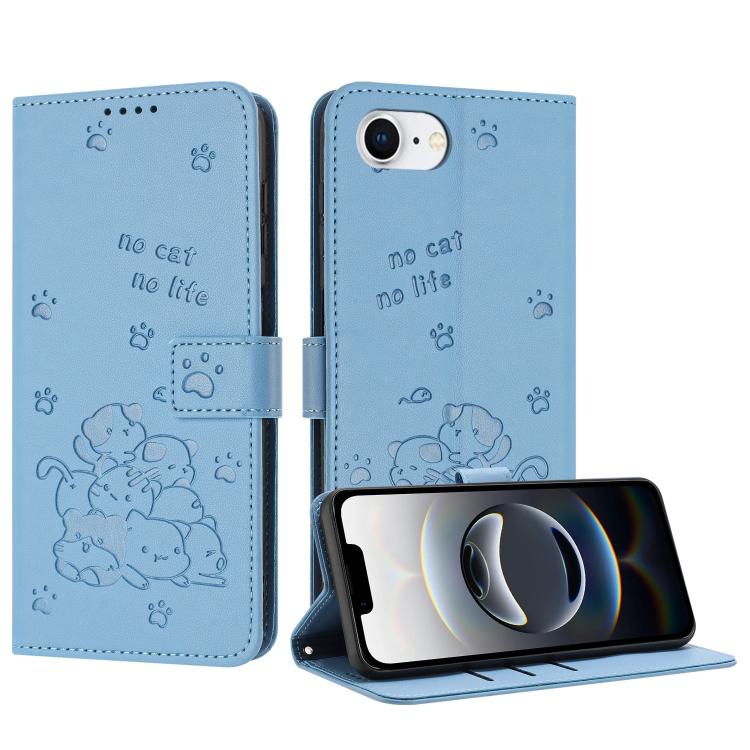 For iPhone 16e Embossed Kitten Phone Leather Case with Lanyard(Blue) - iPhone 16e Cases by buy2fix | Online Shopping UK | buy2fix