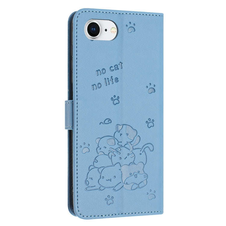 For iPhone 16e Embossed Kitten Phone Leather Case with Lanyard(Blue) - iPhone 16e Cases by buy2fix | Online Shopping UK | buy2fix