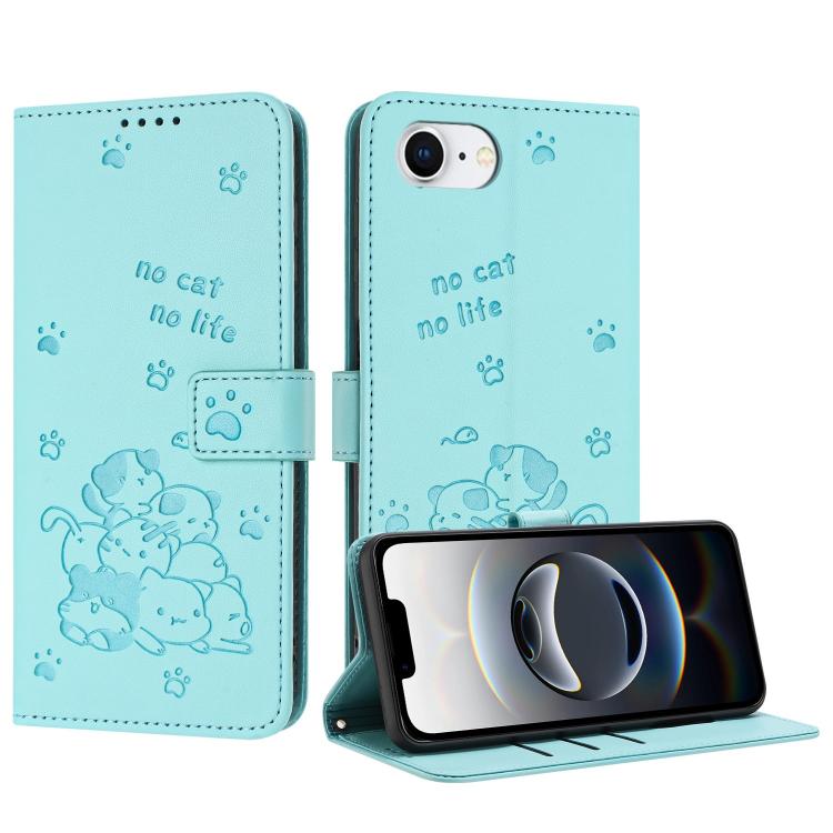 For iPhone 16e Embossed Kitten Phone Leather Case with Lanyard(Mint Green) - iPhone 16e Cases by buy2fix | Online Shopping UK | buy2fix