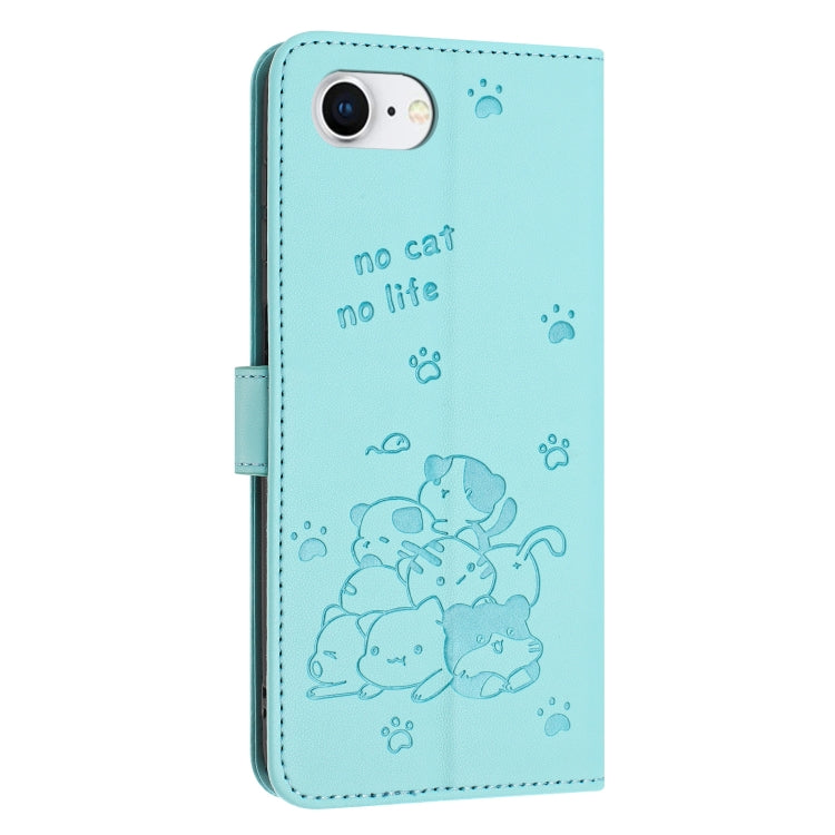 For iPhone 16e Embossed Kitten Phone Leather Case with Lanyard(Mint Green) - iPhone 16e Cases by buy2fix | Online Shopping UK | buy2fix