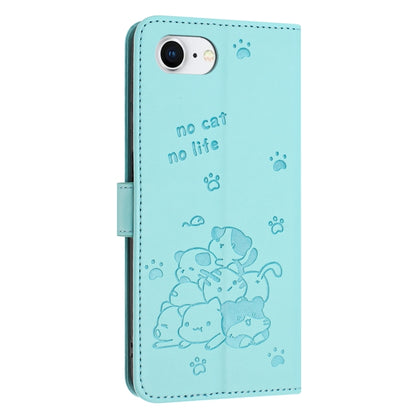 For iPhone 16e Embossed Kitten Phone Leather Case with Lanyard(Mint Green) - iPhone 16e Cases by buy2fix | Online Shopping UK | buy2fix