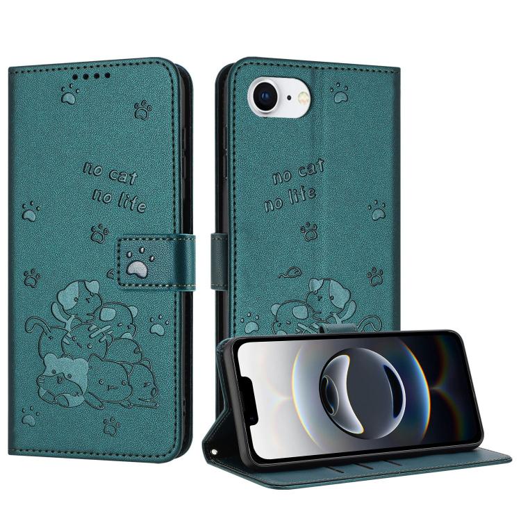 For iPhone 16e Embossed Kitten Phone Leather Case with Lanyard(Dark Green) - iPhone 16e Cases by buy2fix | Online Shopping UK | buy2fix