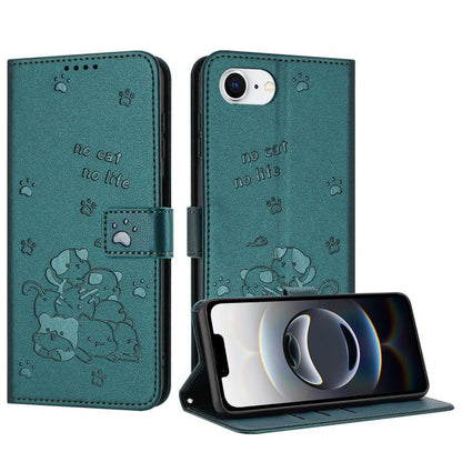 For iPhone 16e Embossed Kitten Phone Leather Case with Lanyard(Dark Green) - iPhone 16e Cases by buy2fix | Online Shopping UK | buy2fix