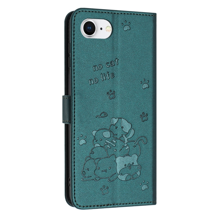 For iPhone 16e Embossed Kitten Phone Leather Case with Lanyard(Dark Green) - iPhone 16e Cases by buy2fix | Online Shopping UK | buy2fix