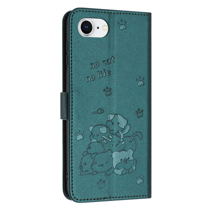 For iPhone 16e Embossed Kitten Phone Leather Case with Lanyard(Dark Green) - iPhone 16e Cases by buy2fix | Online Shopping UK | buy2fix