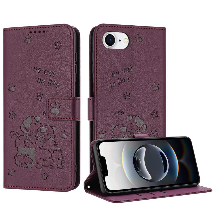 For iPhone 16e Embossed Kitten Phone Leather Case with Lanyard(Wine Red) - iPhone 16e Cases by buy2fix | Online Shopping UK | buy2fix