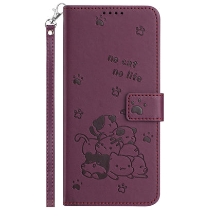For iPhone 16e Embossed Kitten Phone Leather Case with Lanyard(Wine Red) - iPhone 16e Cases by buy2fix | Online Shopping UK | buy2fix