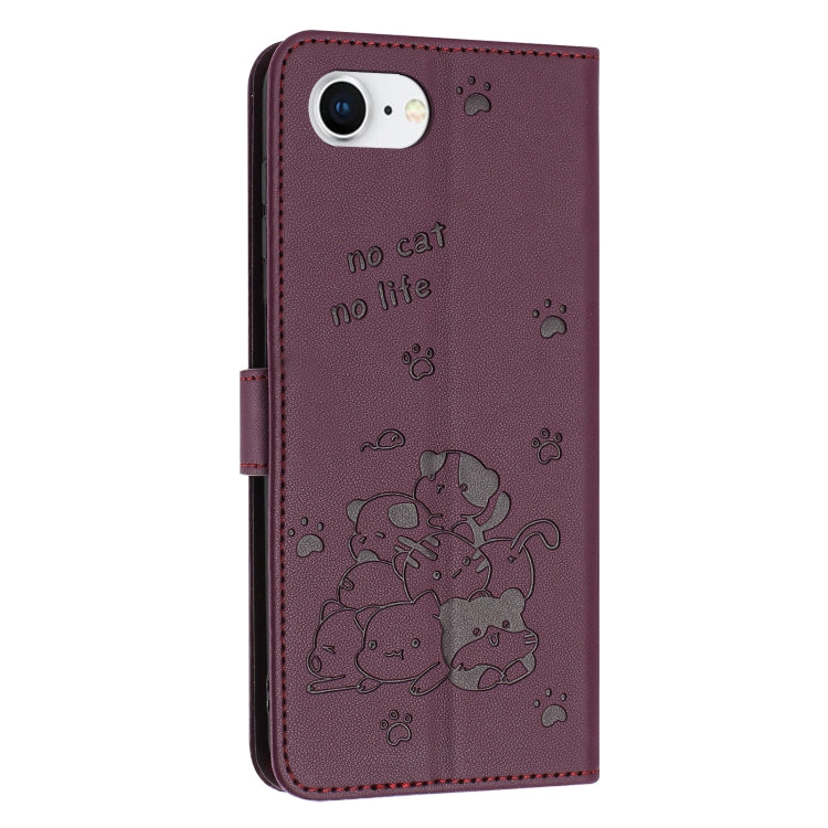 For iPhone 16e Embossed Kitten Phone Leather Case with Lanyard(Wine Red) - iPhone 16e Cases by buy2fix | Online Shopping UK | buy2fix
