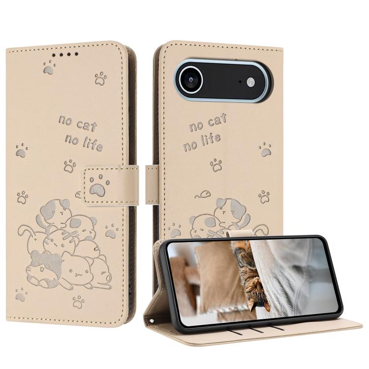 For iPhone Air Embossed Kitten Phone Leather Case with Lanyard(Beige) - iPhone Air Cases by buy2fix | Online Shopping UK | buy2fix
