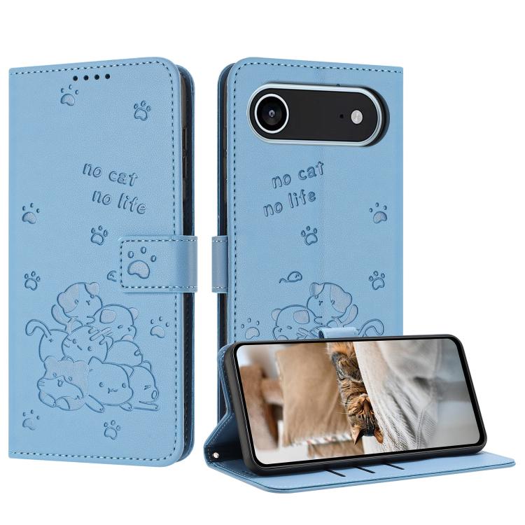 For iPhone Air Embossed Kitten Phone Leather Case with Lanyard(Blue) - iPhone Air Cases by buy2fix | Online Shopping UK | buy2fix