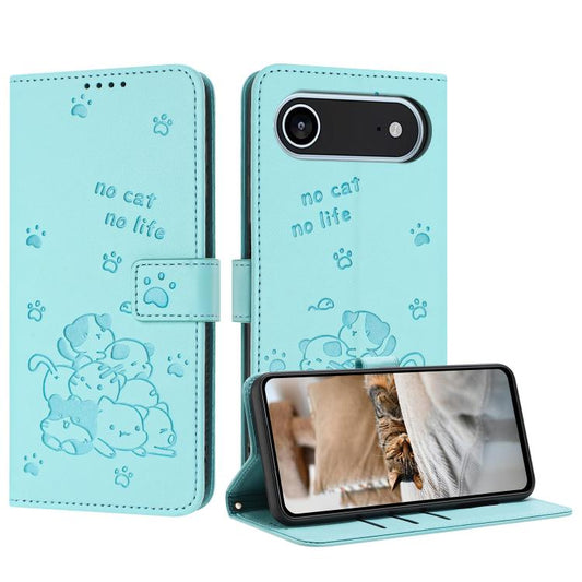 For iPhone Air Embossed Kitten Phone Leather Case with Lanyard(Mint Green) - iPhone Air Cases by buy2fix | Online Shopping UK | buy2fix