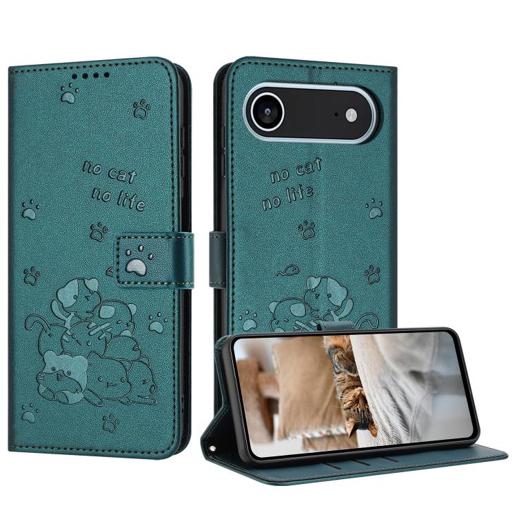 For iPhone Air Embossed Kitten Phone Leather Case with Lanyard(Dark Green) - iPhone Air Cases by buy2fix | Online Shopping UK | buy2fix