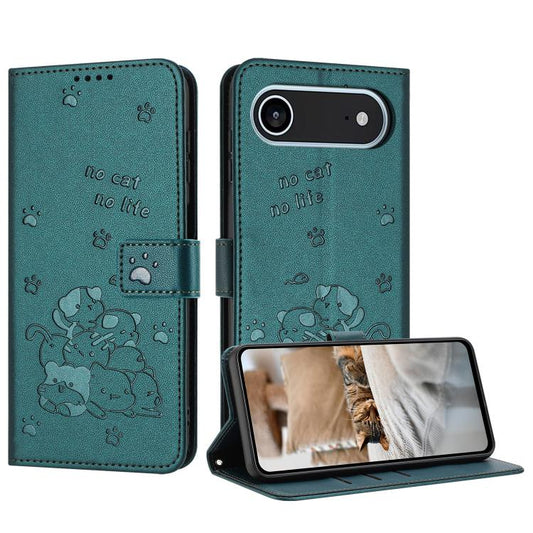 For iPhone Air Embossed Kitten Phone Leather Case with Lanyard(Dark Green) - iPhone Air Cases by buy2fix | Online Shopping UK | buy2fix