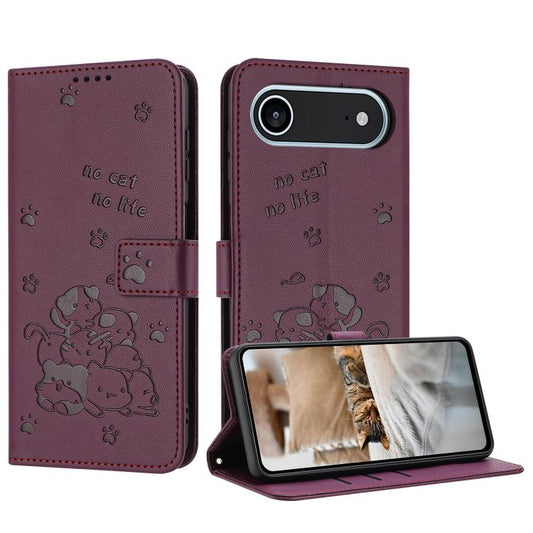 For iPhone Air Embossed Kitten Phone Leather Case with Lanyard(Wine Red) - iPhone Air Cases by buy2fix | Online Shopping UK | buy2fix