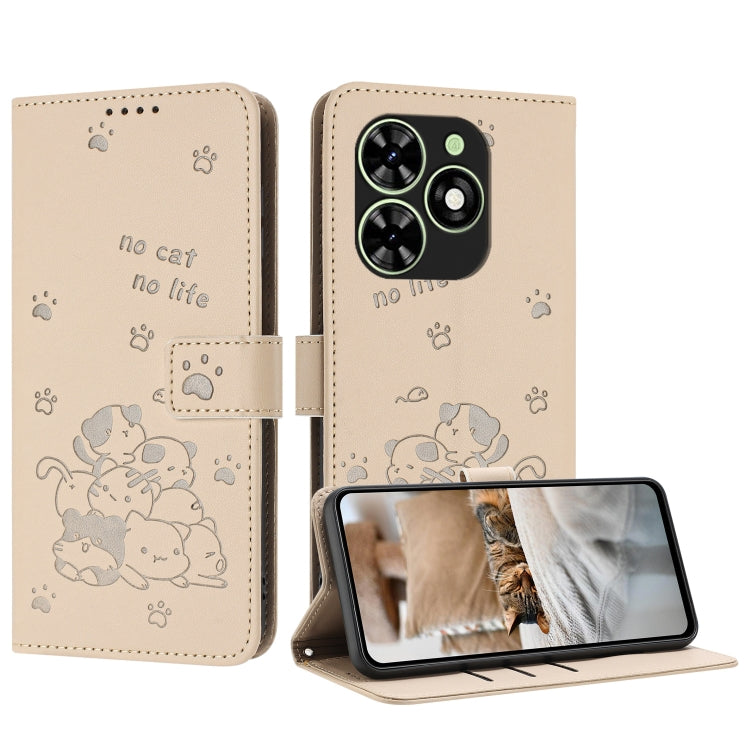 For Tecno Spark Go 2024 4G Embossed Kitten Phone Leather Case with Lanyard(Beige) by buy2fix