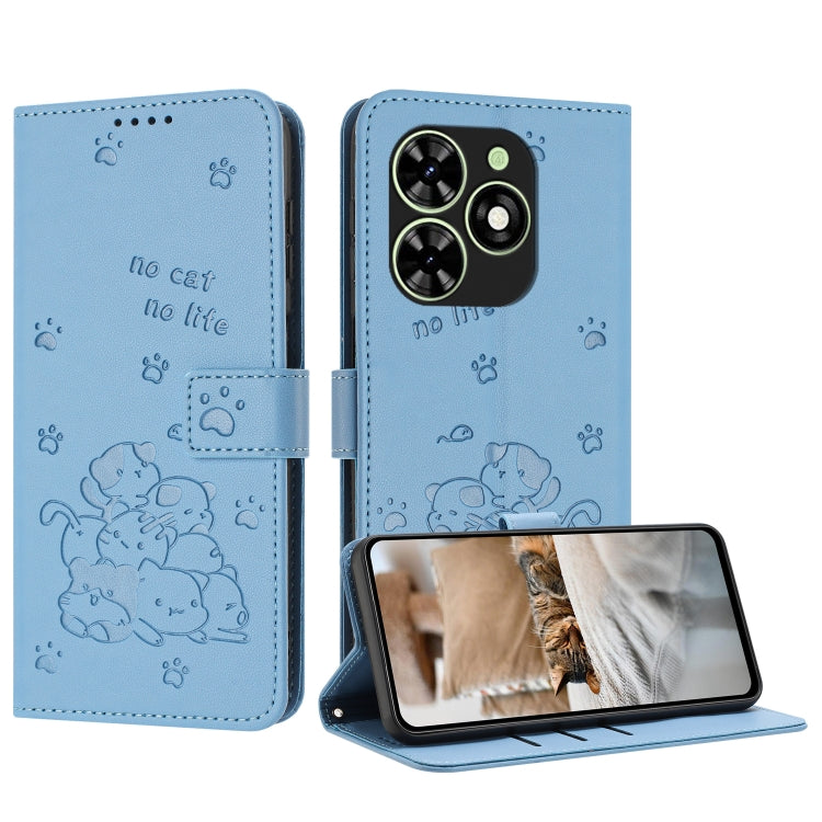 For Tecno Spark Go 2024 4G Embossed Kitten Phone Leather Case with Lanyard(Blue) by buy2fix