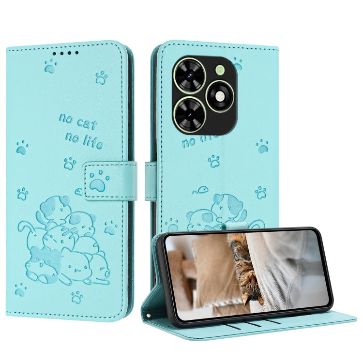 For Tecno Spark Go 2024 4G Embossed Kitten Phone Leather Case with Lanyard(Mint Green) by buy2fix