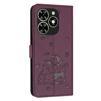 For Tecno Spark Go 2024 4G Embossed Kitten Phone Leather Case with Lanyard(Wine Red) by buy2fix