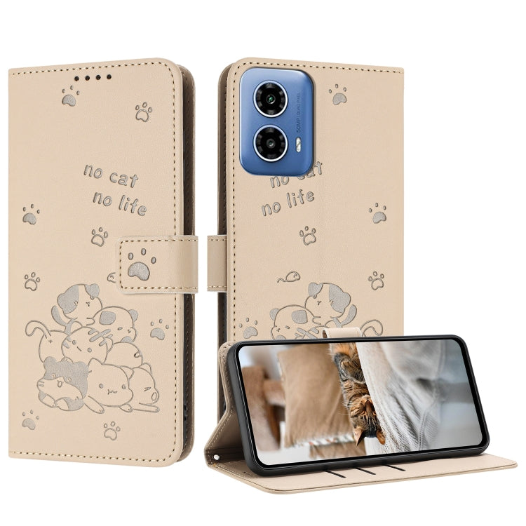 For Motorola Edge 2024 5G Embossed Kitten Phone Leather Case with Lanyard(Beige) by buy2fix