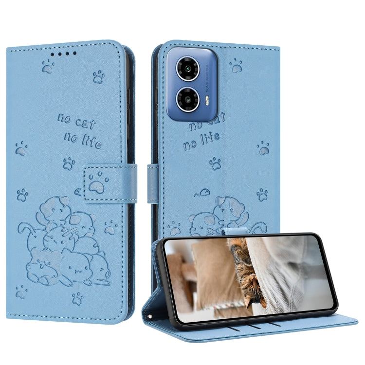 For Motorola Edge 2024 5G Embossed Kitten Phone Leather Case with Lanyard(Blue) by buy2fix