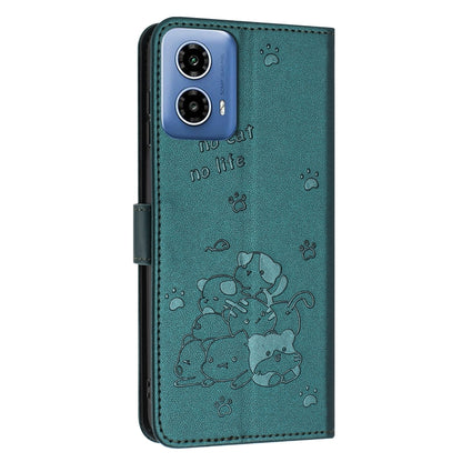 For Motorola Edge 2024 5G Embossed Kitten Phone Leather Case with Lanyard(Dark Green) by buy2fix