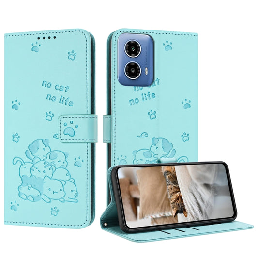 For Motorola Moto G 5G 2024 Embossed Kitten Phone Leather Case with Lanyard(Mint Green) by buy2fix