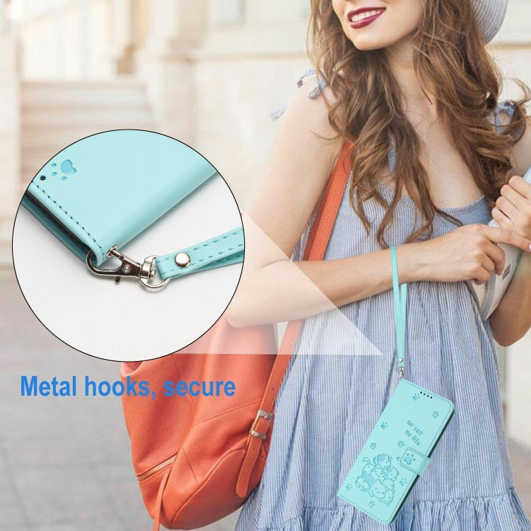For Motorola Moto G 5G 2024 Embossed Kitten Phone Leather Case with Lanyard(Mint Green) by buy2fix