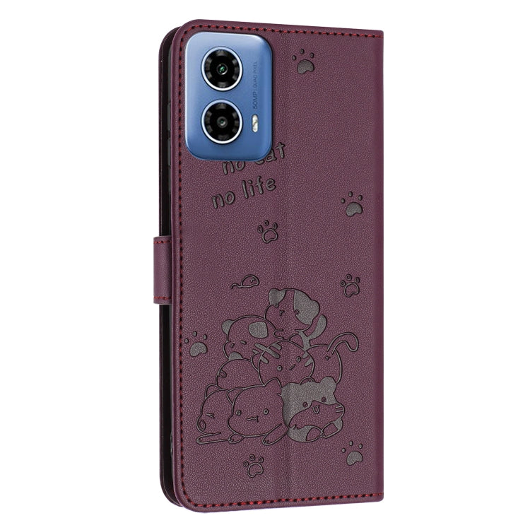 For Motorola Moto G 5G 2024 Embossed Kitten Phone Leather Case with Lanyard(Wine Red) by buy2fix