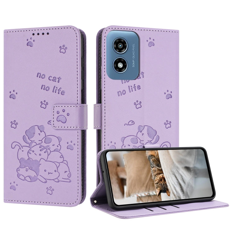 For Motorola Moto G Play 4G 2024 Embossed Kitten Phone Leather Case with Lanyard(Purple) by buy2fix